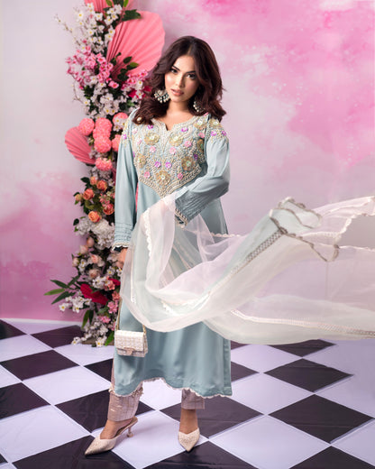 Elegant Sky Blue Embroidered Kurti