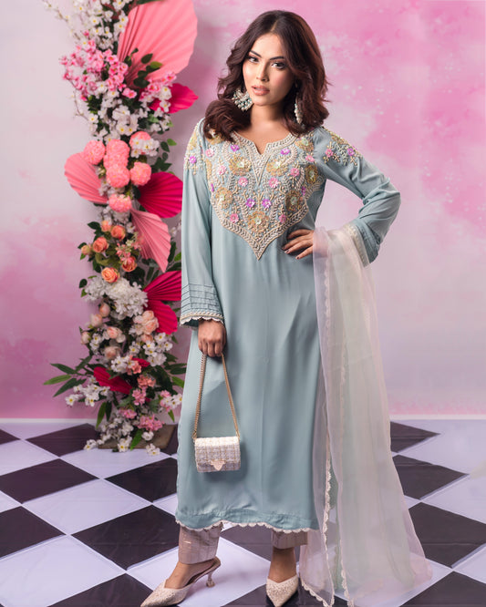 Elegant Sky Blue Embroidered Kurti