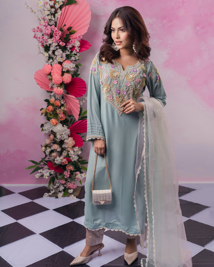 Elegant Sky Blue Embroidered Kurti
