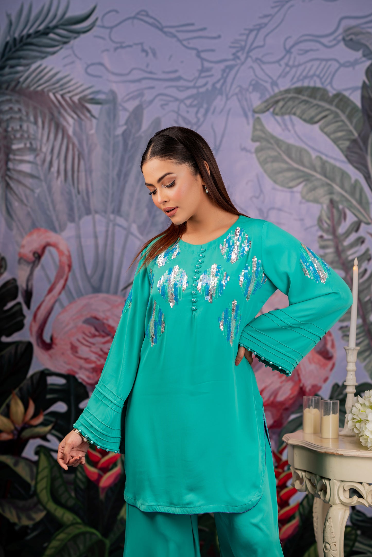 Aqua Teal Embellished Co-Ord Set