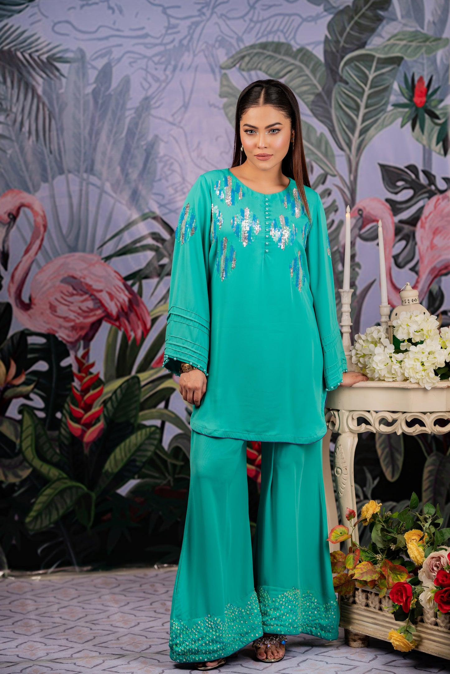 Aqua Teal Embellished Co-Ord Set