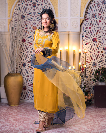 Mustard Embroidered Kurti