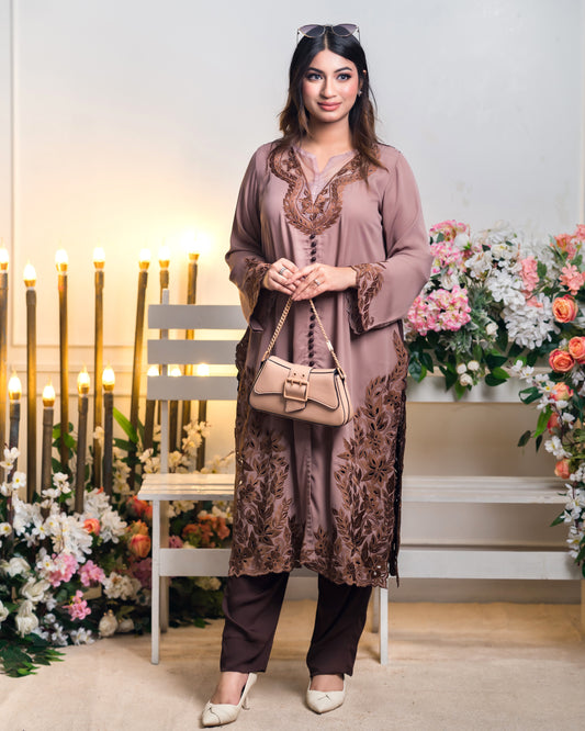 Chic Dusty Nude Embroidered Kurti Set