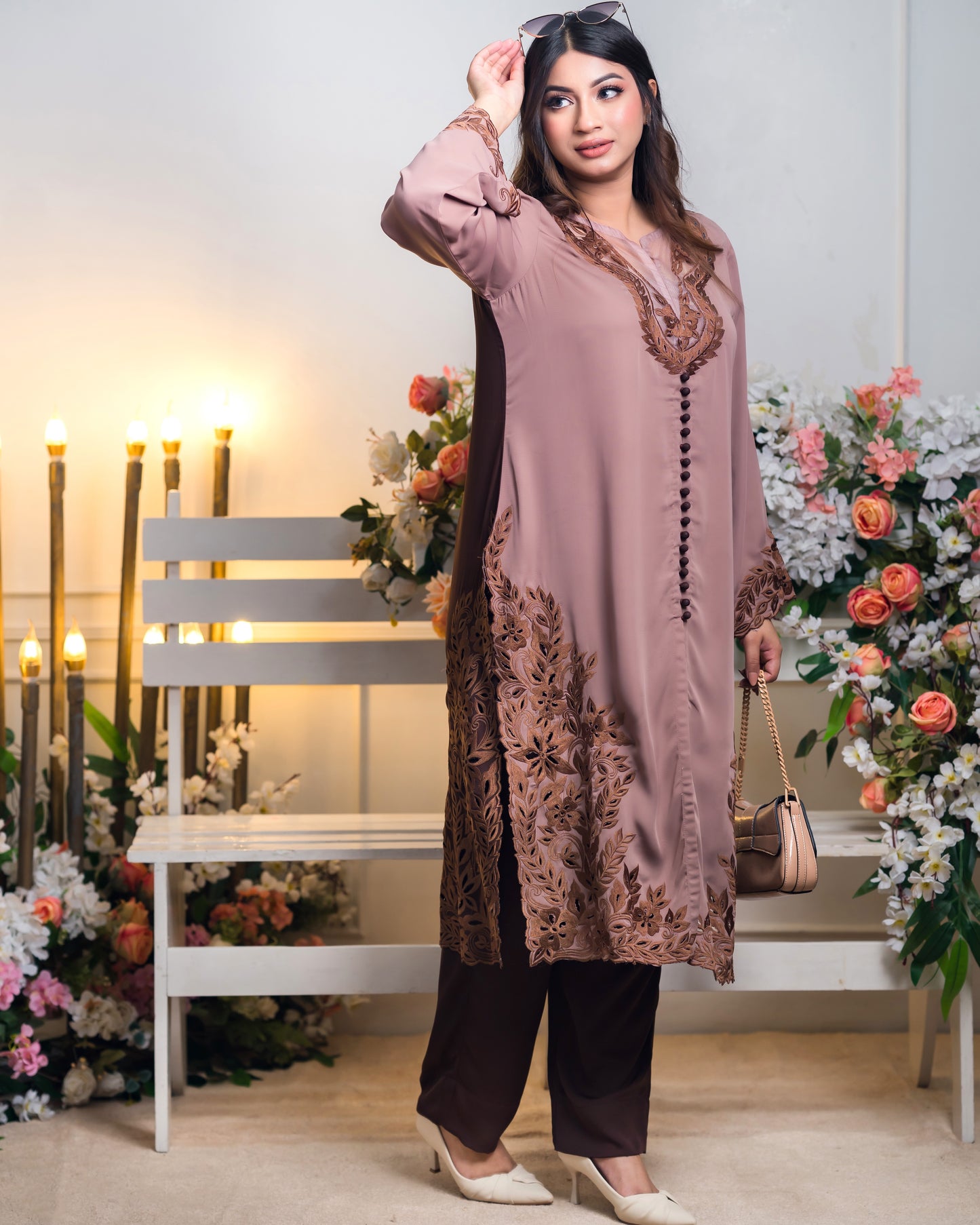 Chic Dusty Nude Embroidered Kurti Set