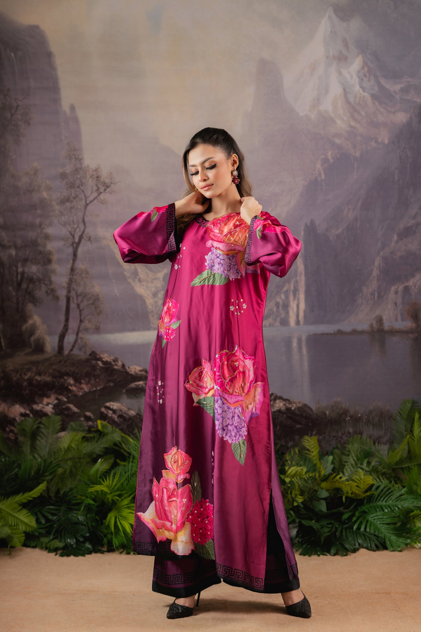Crimson Rose Luxe Long Kameez And Pant