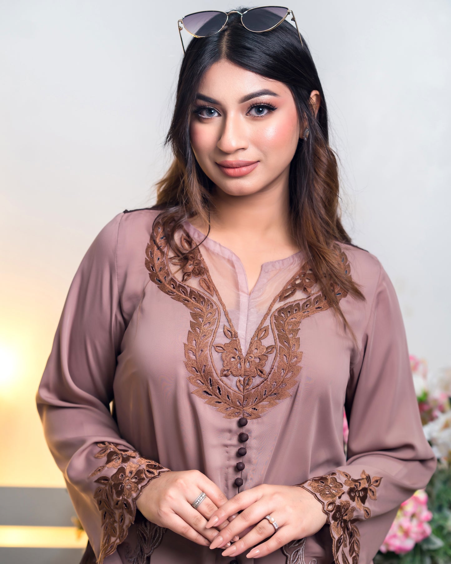 Chic Dusty Nude Embroidered Kurti Set