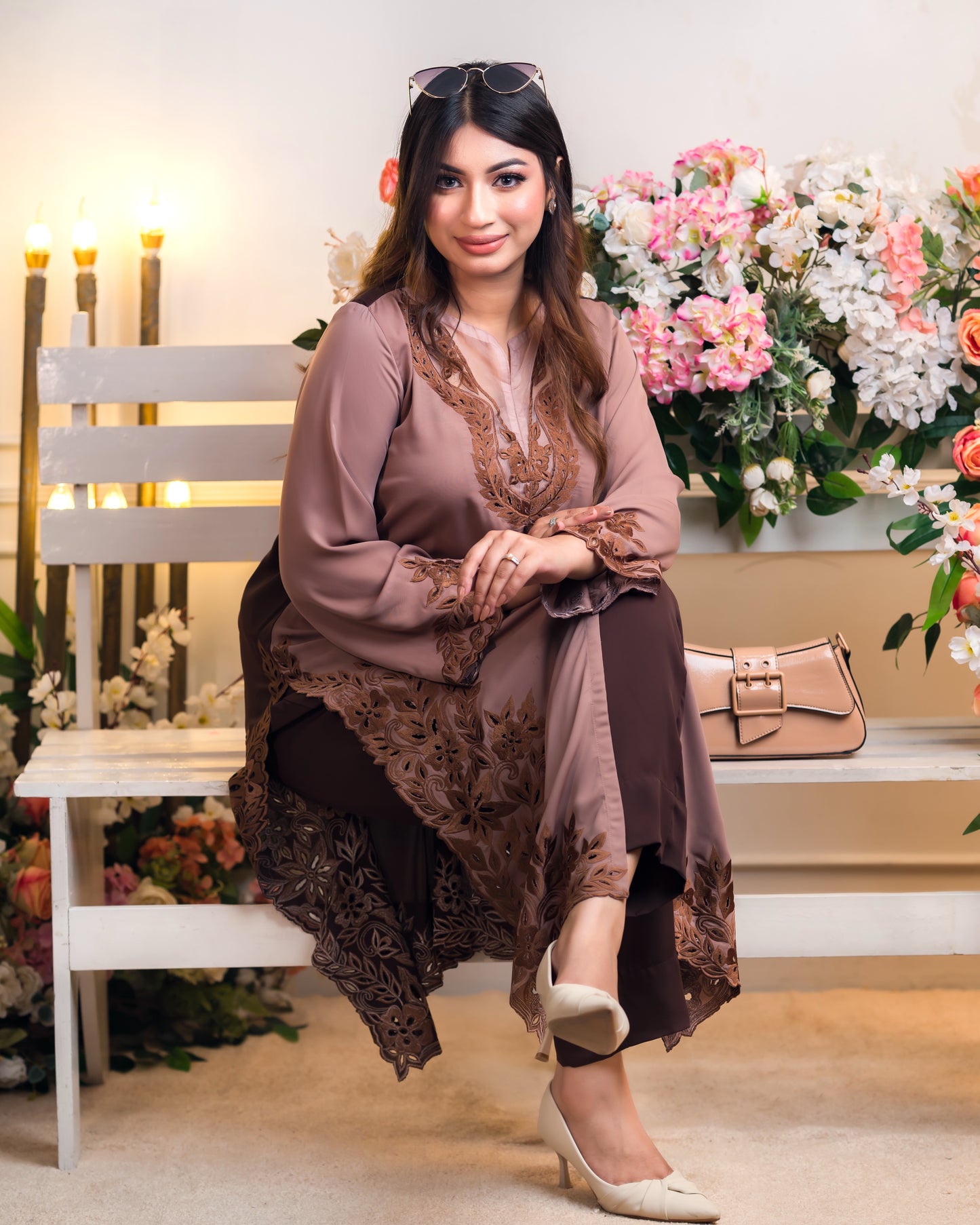 Chic Dusty Nude Embroidered Kurti Set