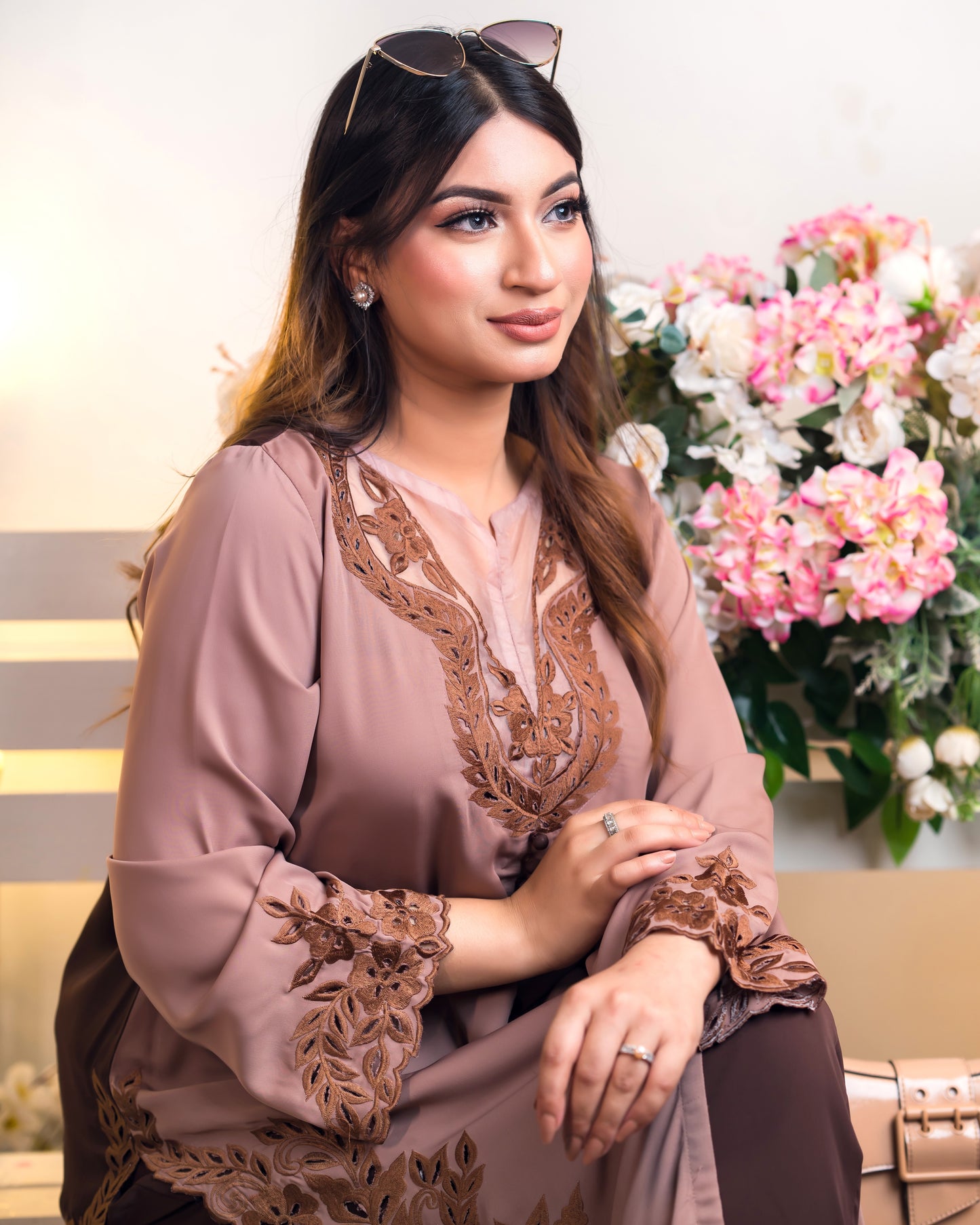 Chic Dusty Nude Embroidered Kurti Set