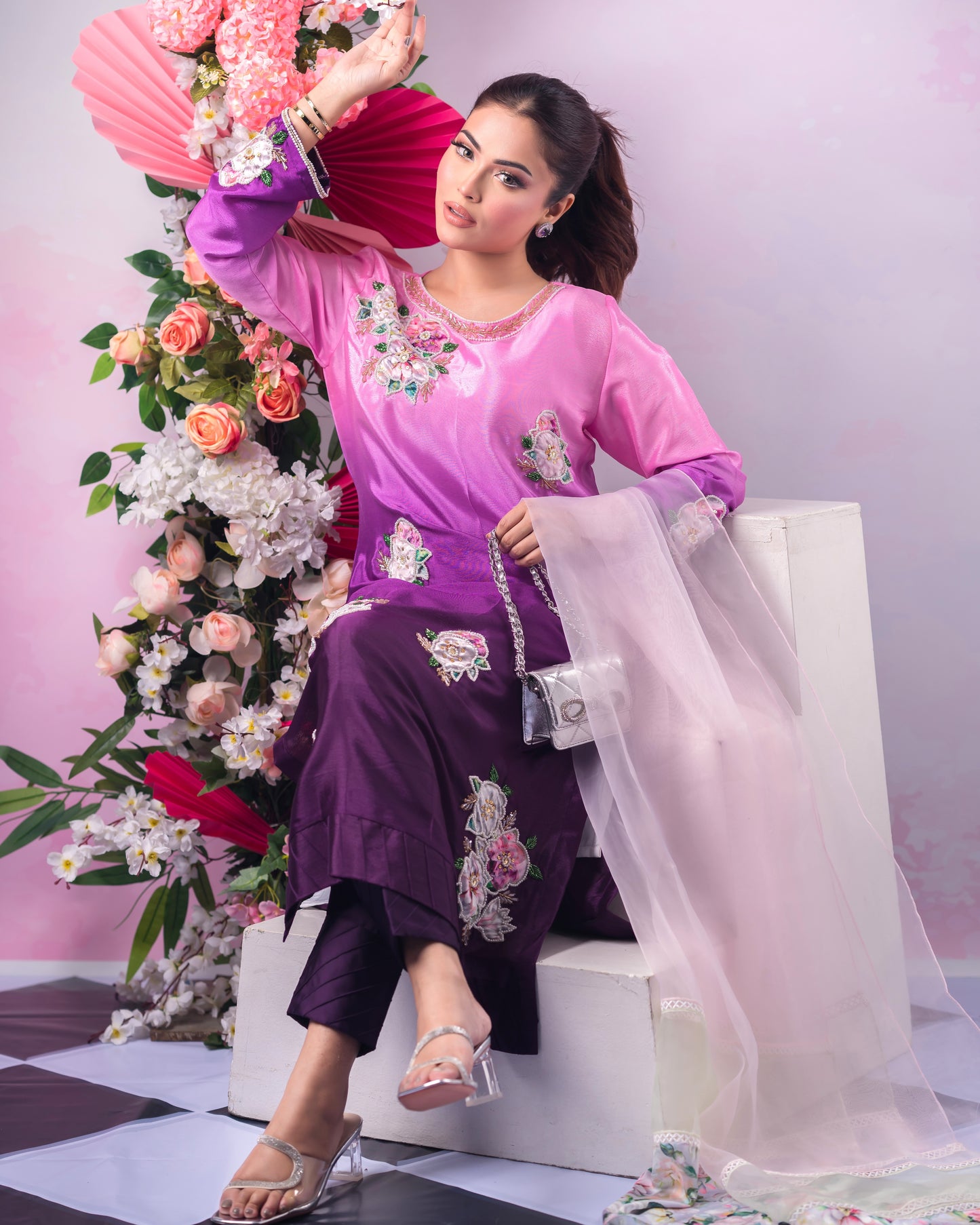 Pink and Purple Ombre Kurti & Dupatta