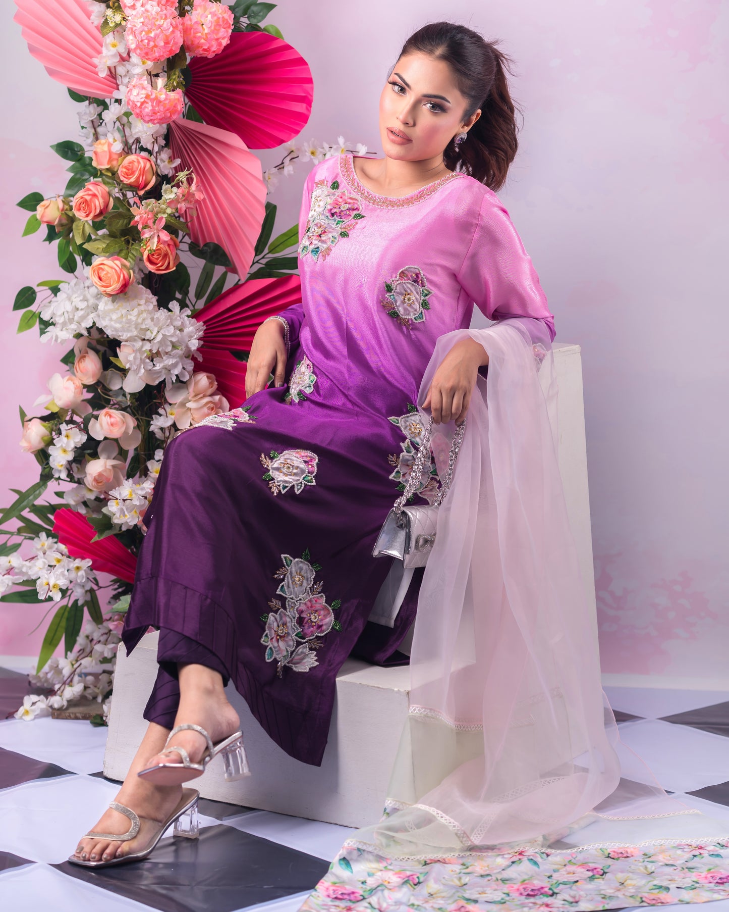 Pink and Purple Ombre Kurti & Dupatta