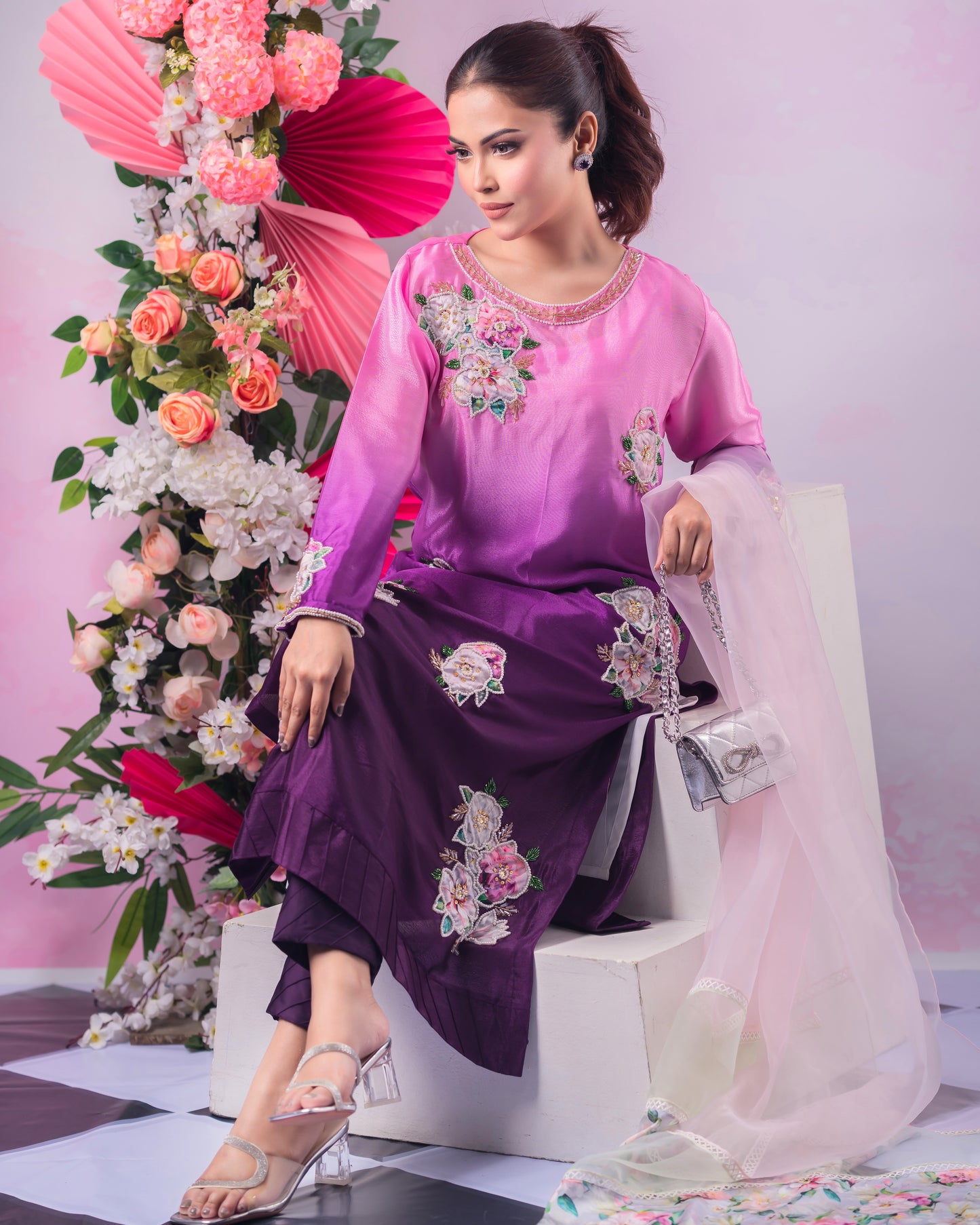 Pink and Purple Ombre Kurti & Dupatta