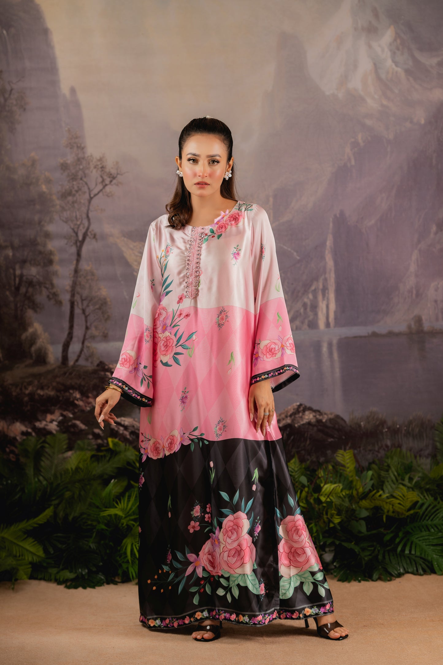 Floral Elegance Silk Long Kameez And Pant