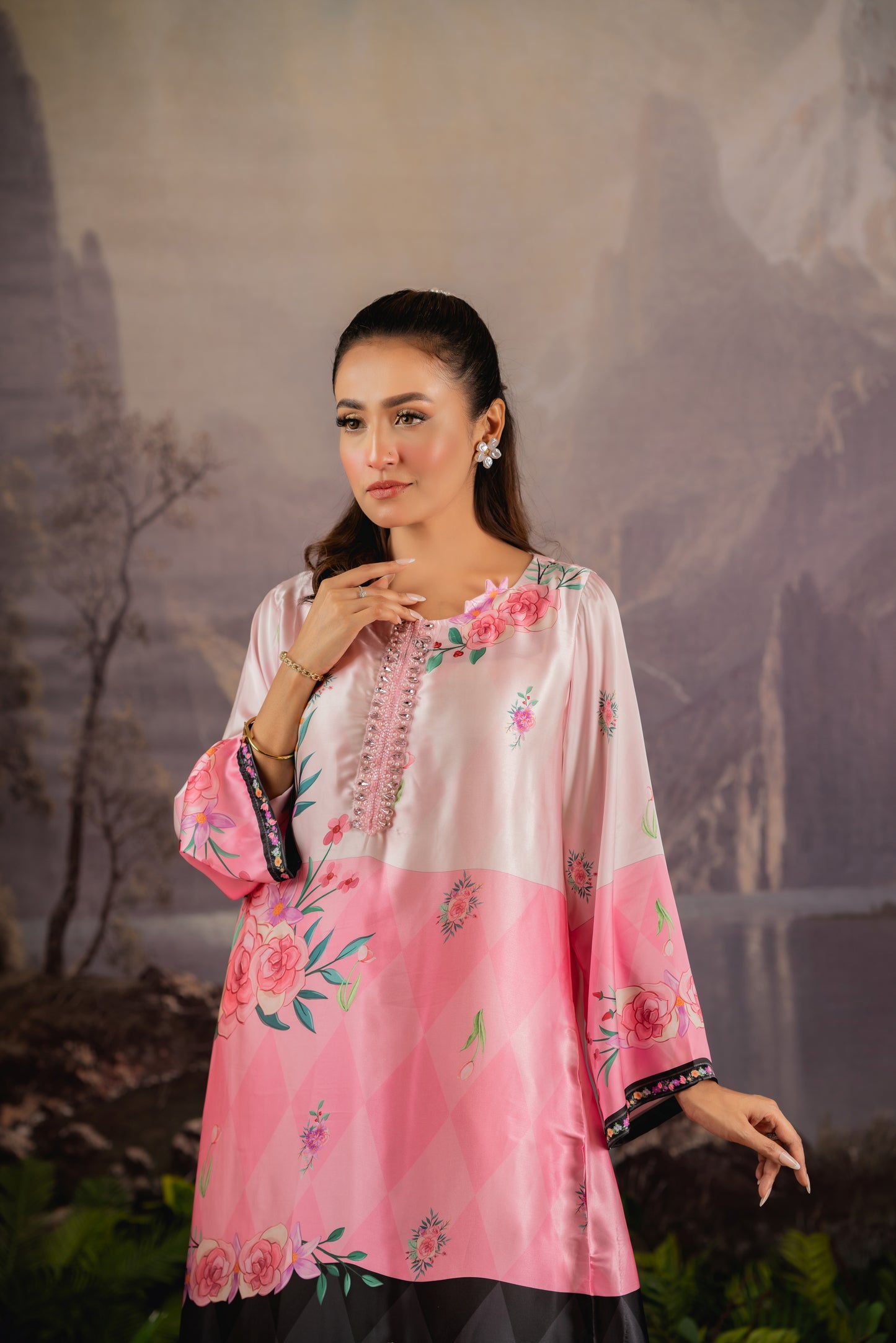 Floral Elegance Silk Long Kameez And Pant