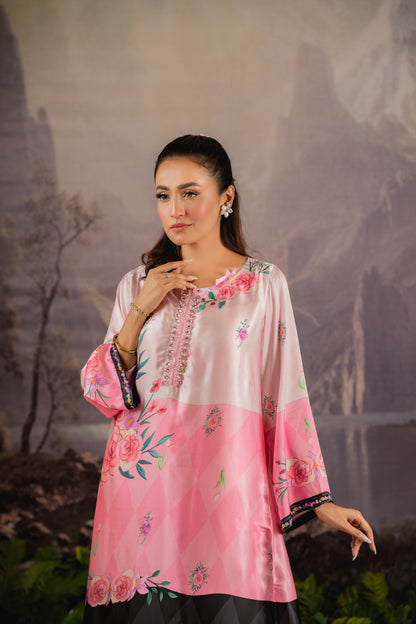 Floral Elegance Silk Long Kameez And Pant