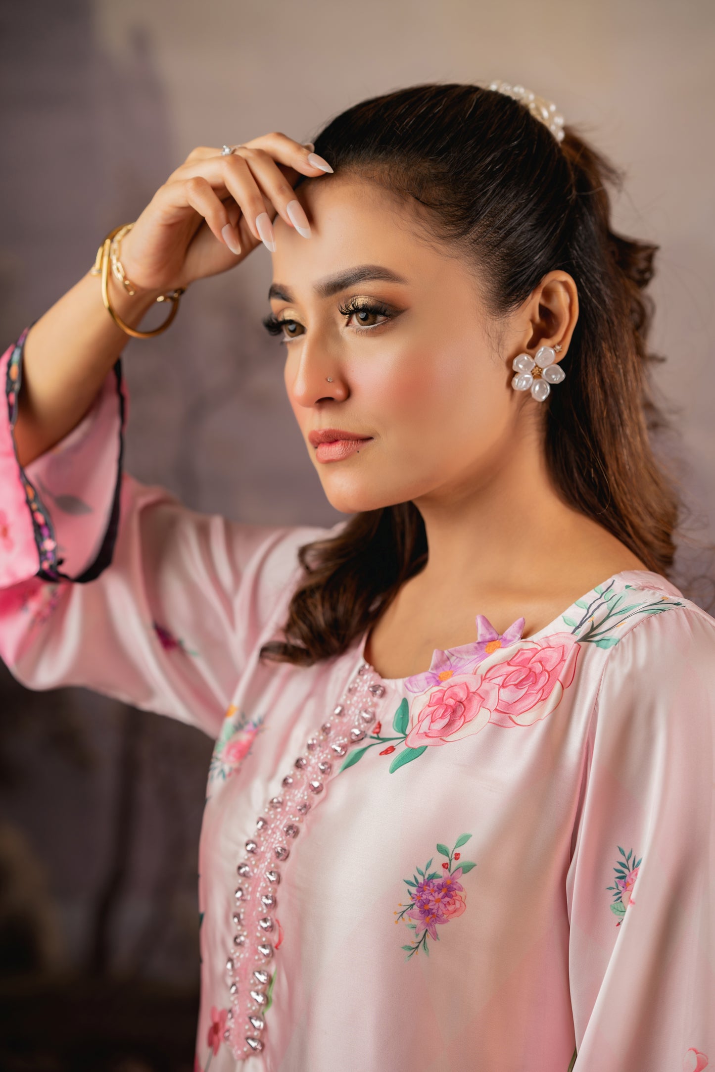 Floral Elegance Silk Long Kameez And Pant