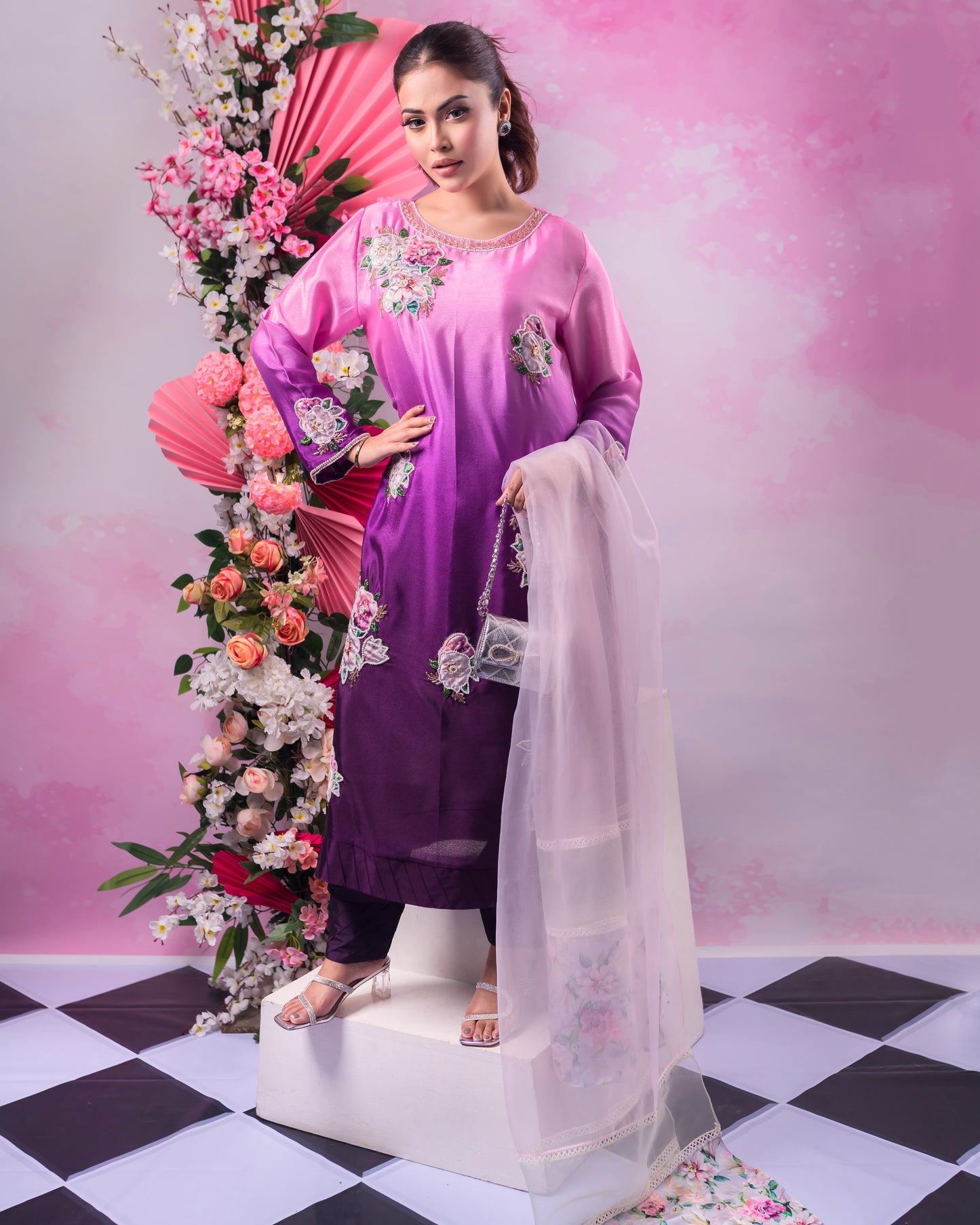 Pink and Purple Ombre Kurti & Dupatta