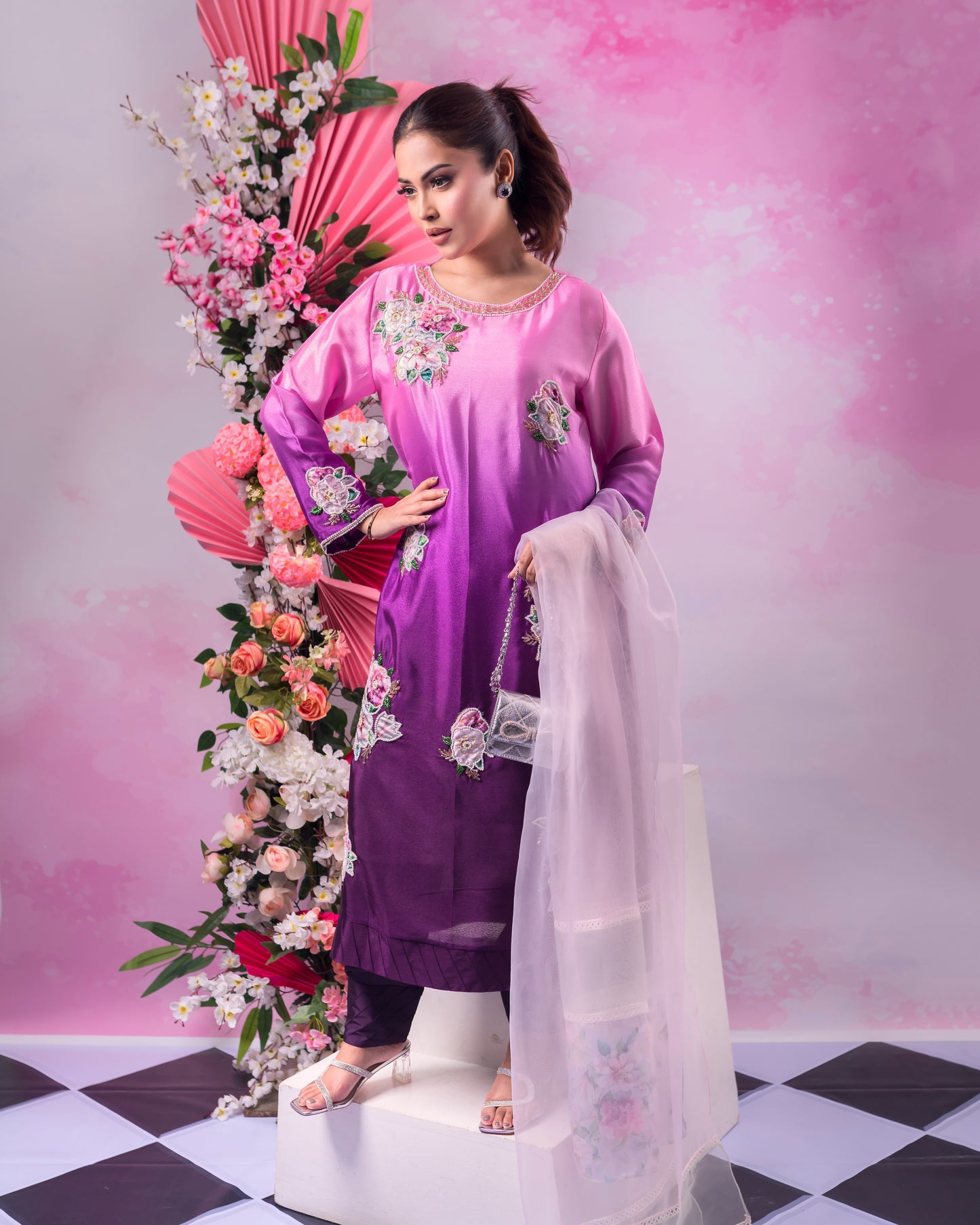 Pink and Purple Ombre Kurti & Dupatta