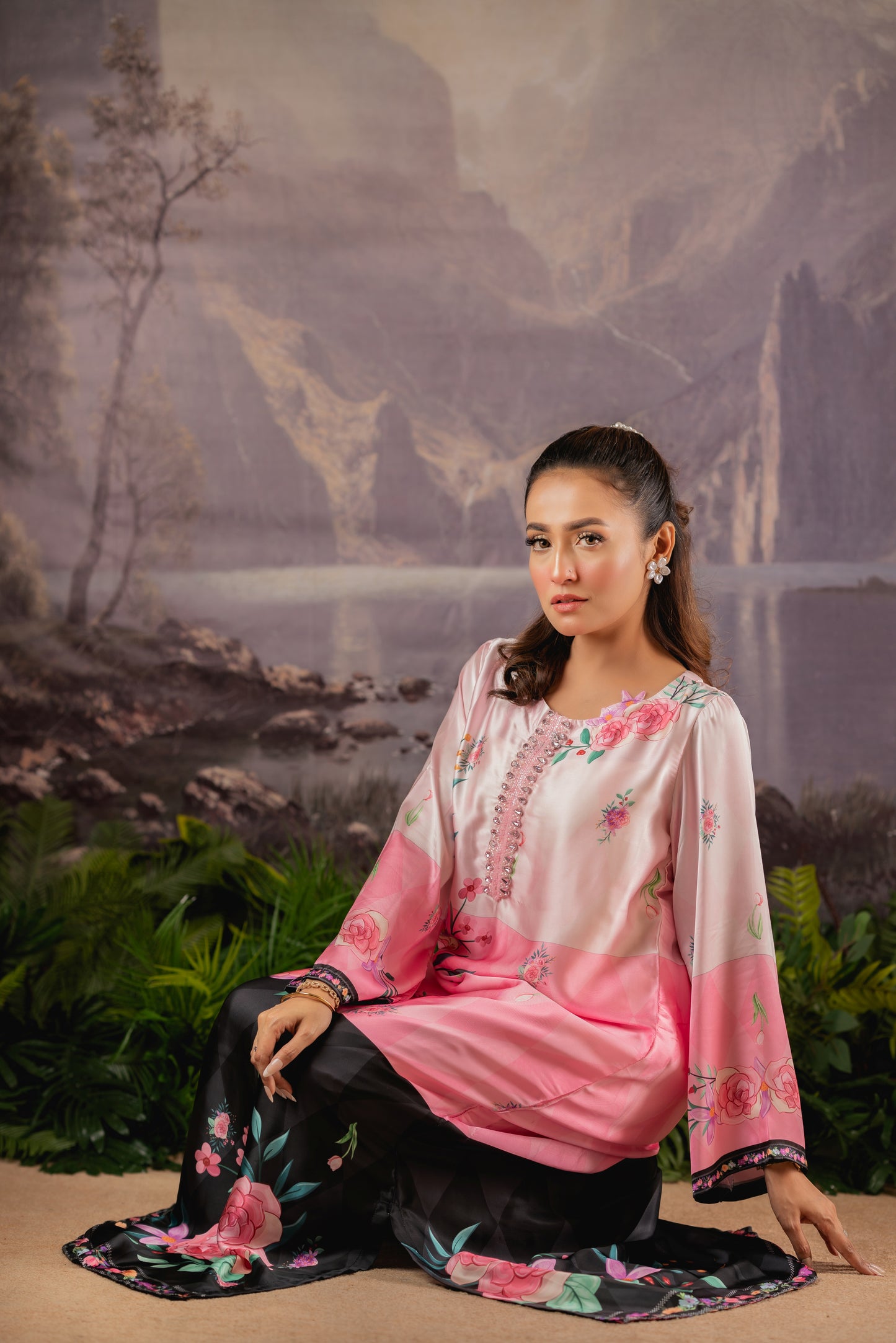 Floral Elegance Silk Long Kameez And Pant