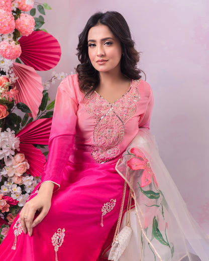 Peach Pink Floral Embroidered Kurti