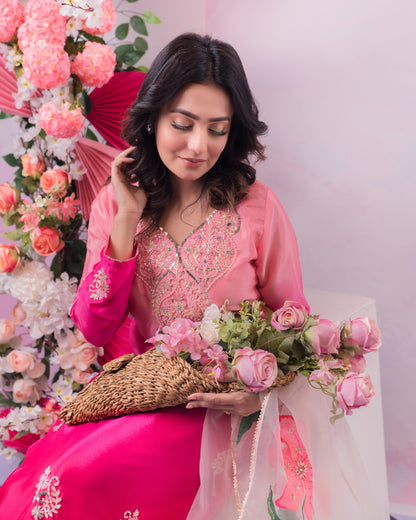 Peach Pink Floral Embroidered Kurti