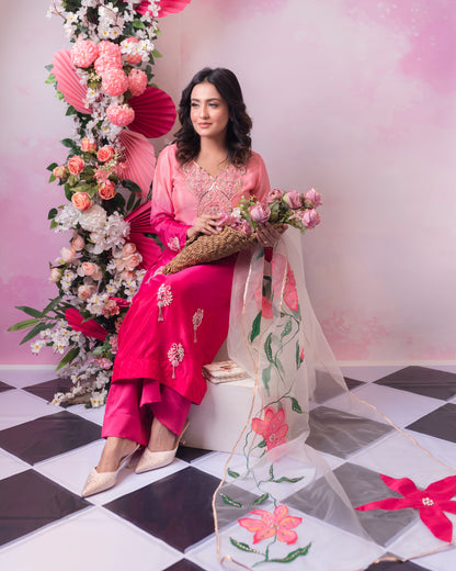 Peach Pink Floral Embroidered Kurti