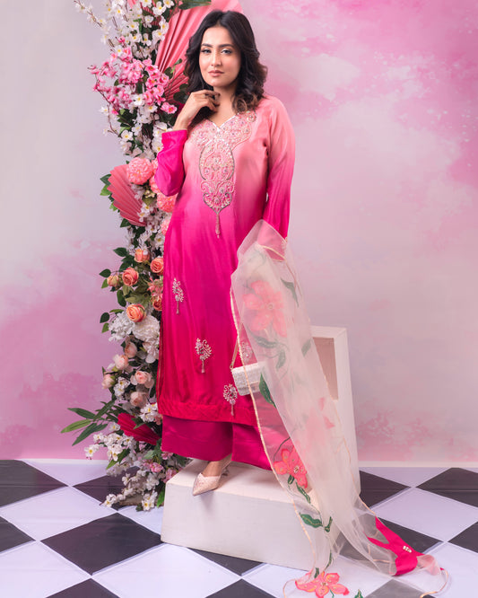 Peach Pink Floral Embroidered Kurti