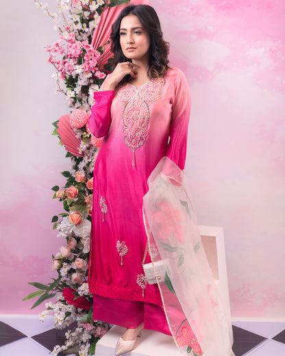 Peach Pink Floral Embroidered Kurti