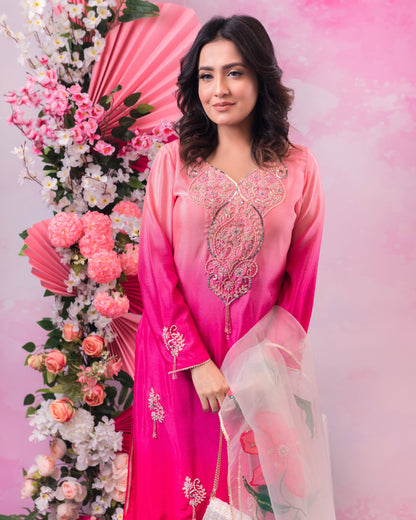 Peach Pink Floral Embroidered Kurti