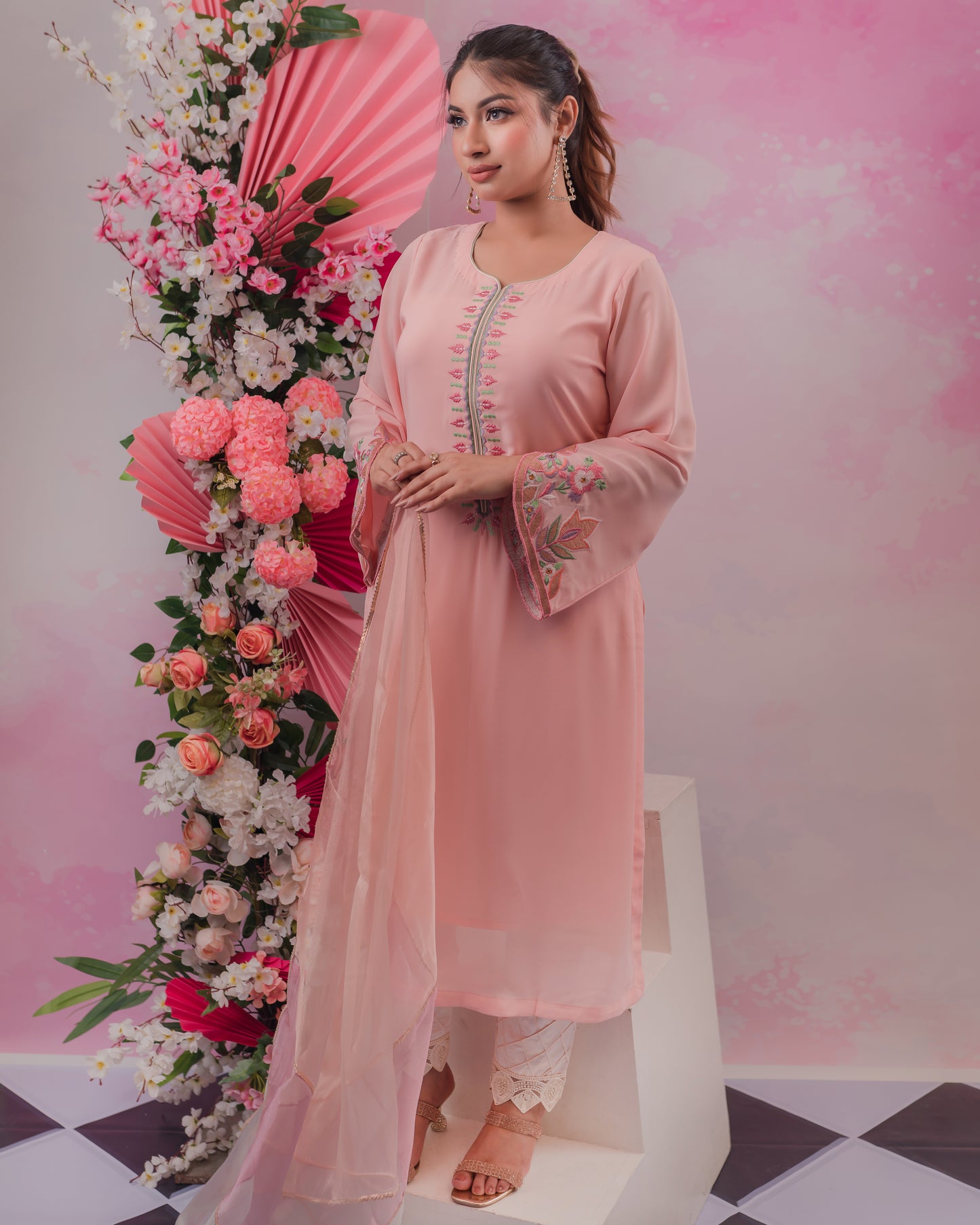 Pastel Peach Embroidey Kurti