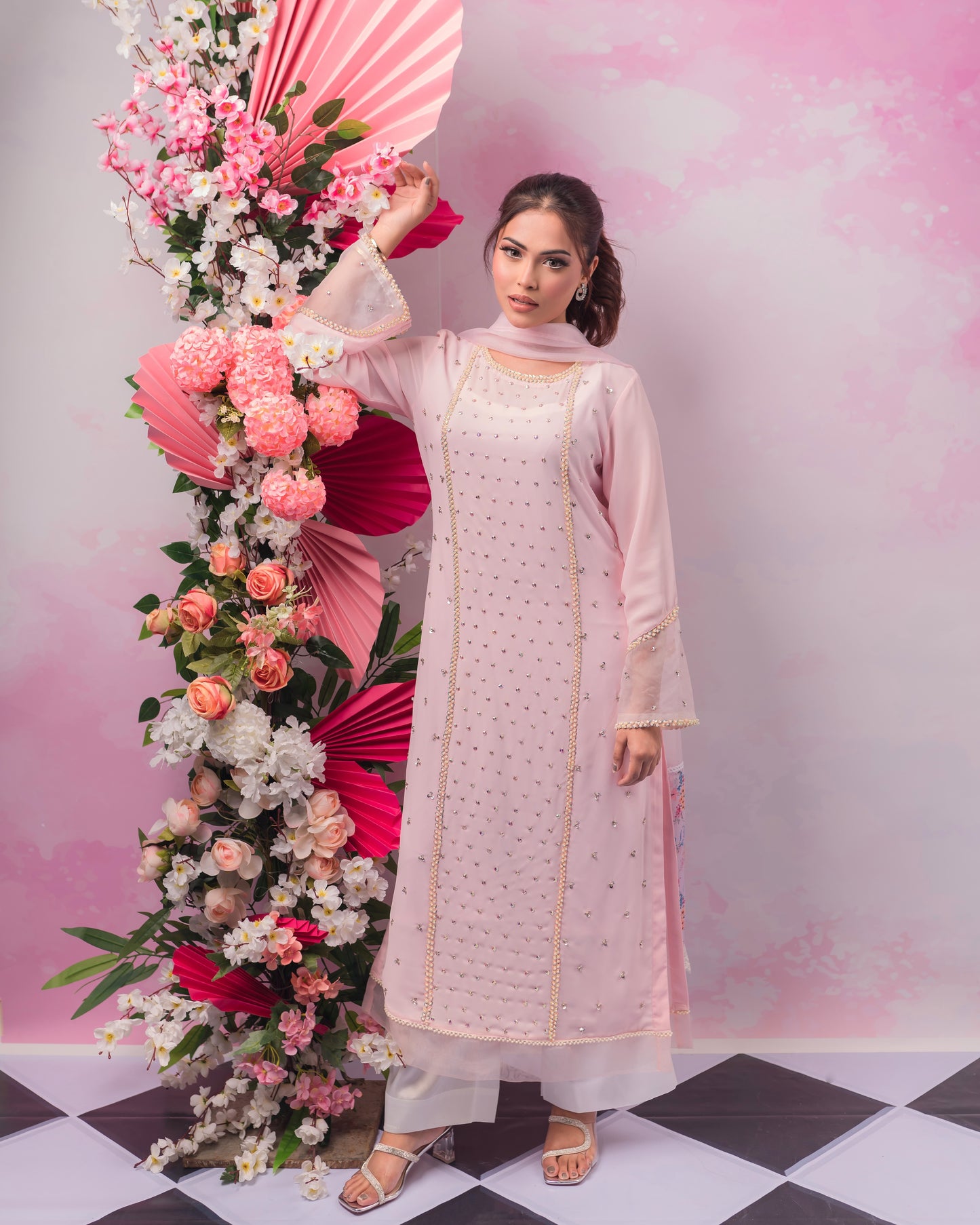 Baby Pink Stone Studded Kameez & Dupatta