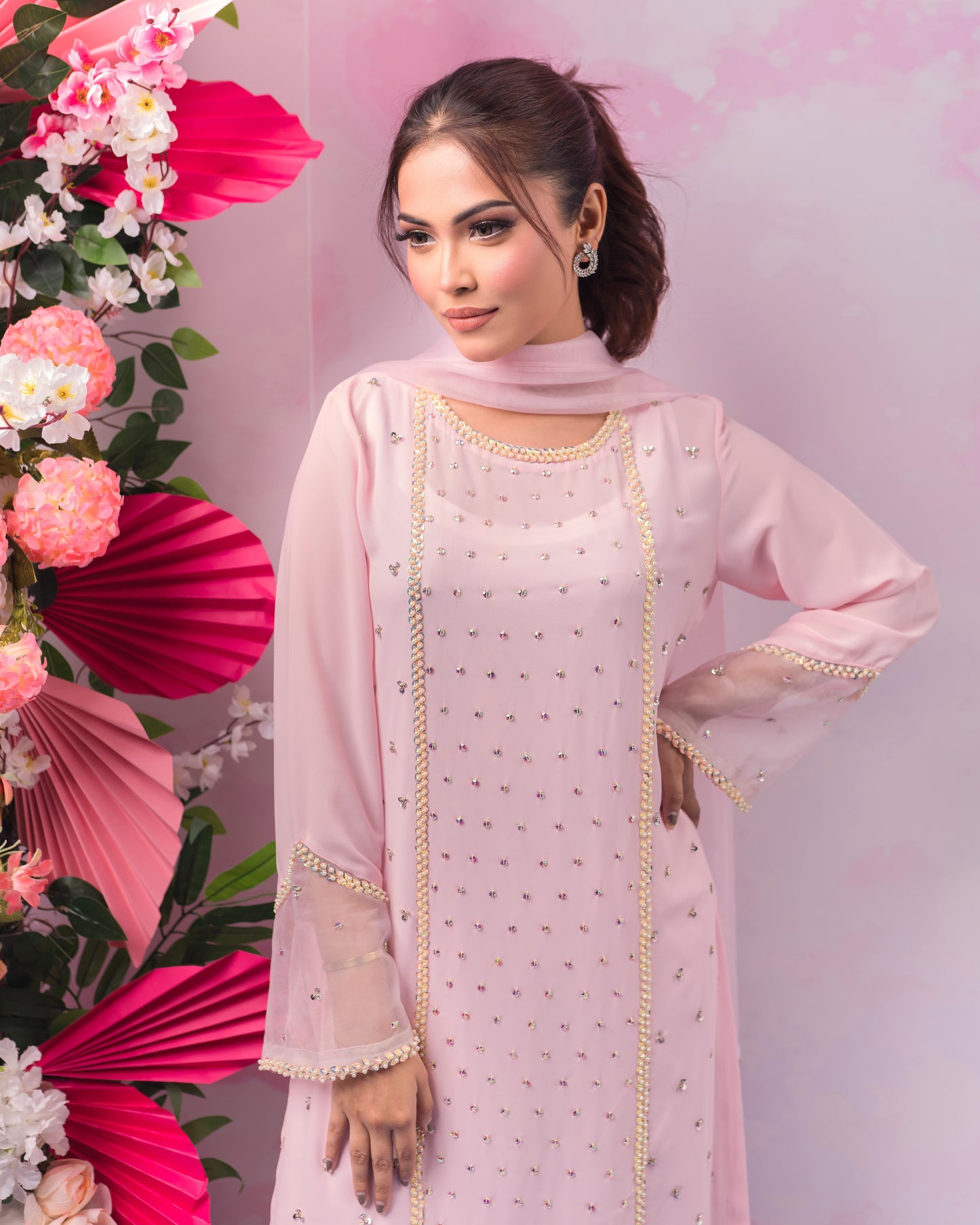 Baby Pink Stone Studded Kameez & Dupatta