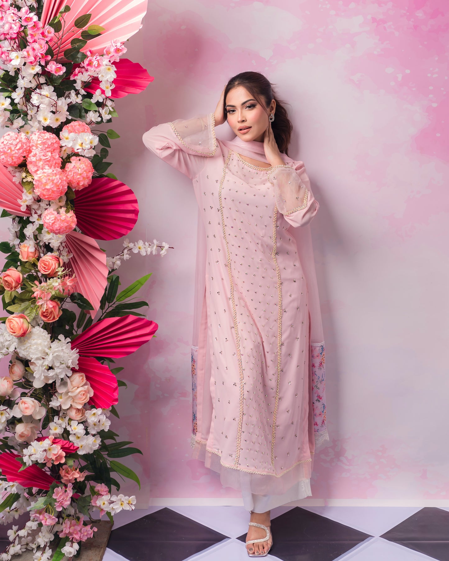 Baby Pink Stone Studded Kameez & Dupatta