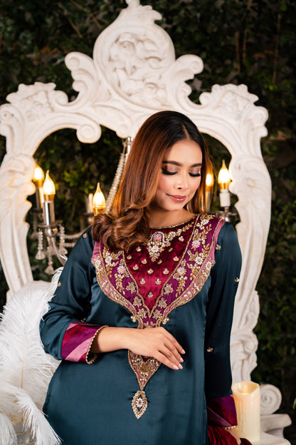 Teal Velvet Yoke Embroidered Kameez