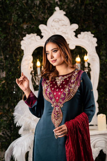 Teal Velvet Yoke Embroidered Kameez