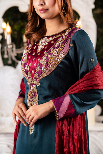 Teal Velvet Yoke Embroidered Kameez