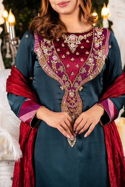 Teal Velvet Yoke Embroidered Kameez