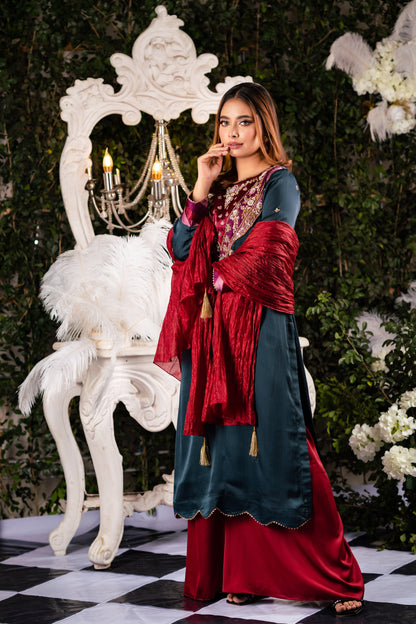 Teal Velvet Yoke Embroidered Kameez