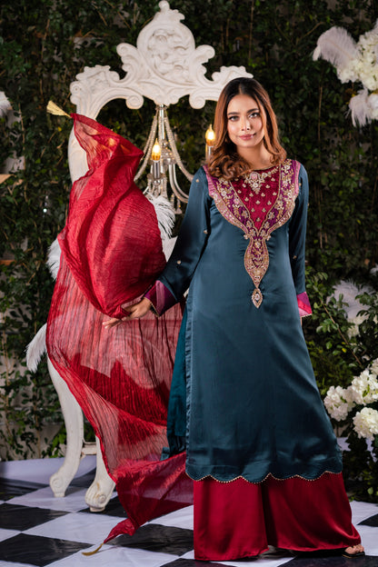 Teal Velvet Yoke Embroidered Kameez