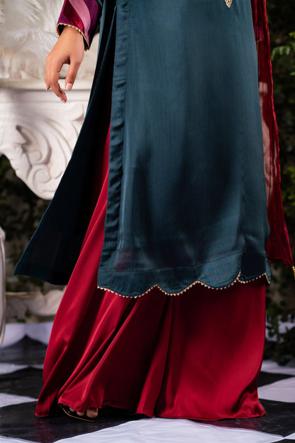 Teal Velvet Yoke Embroidered Kameez
