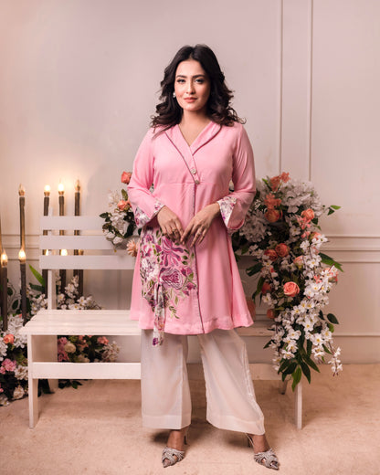 Pink Floral Basket Embroidered Co-ord