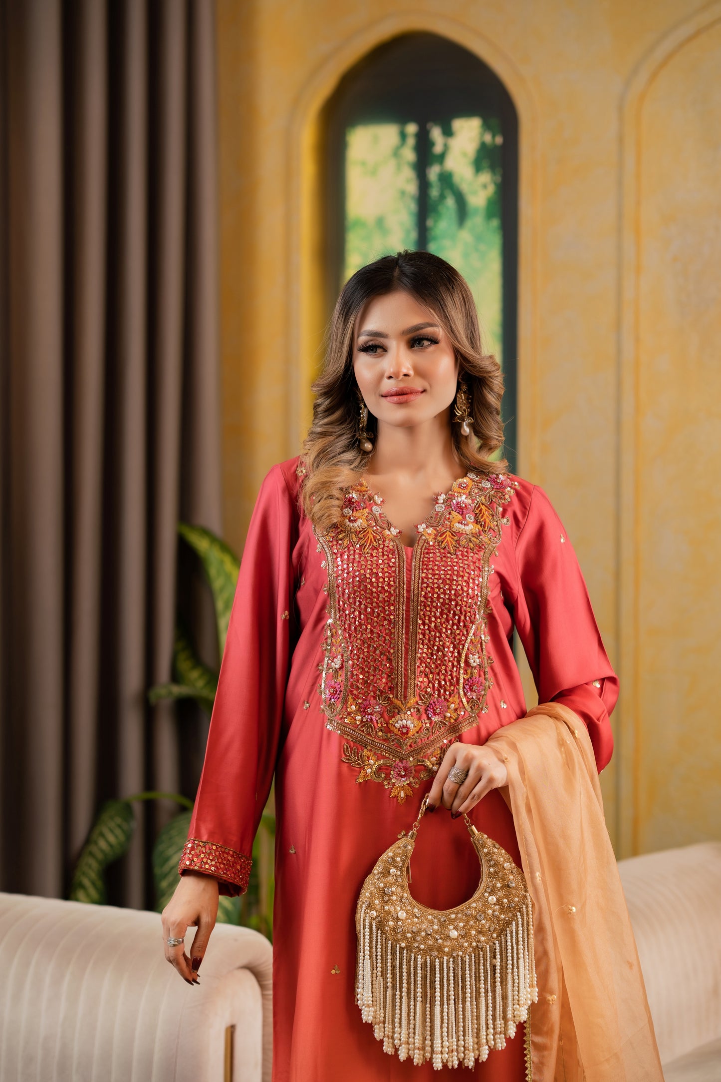 Coral Elegance Embellished Kameez and pant set