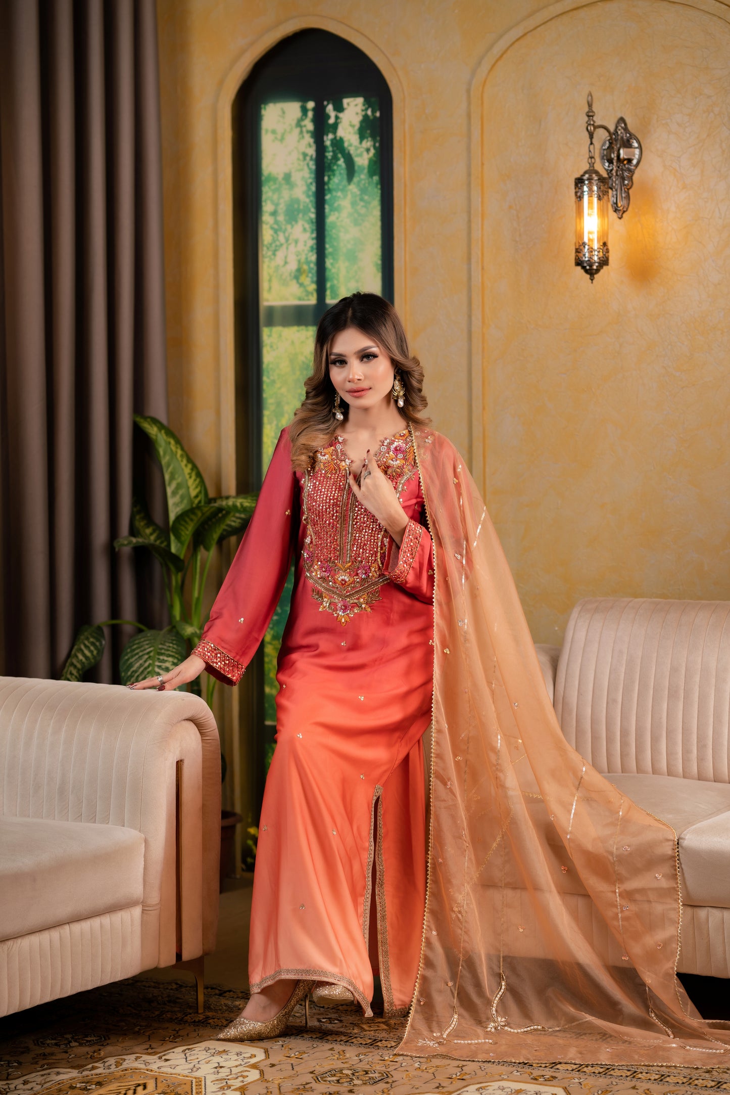 Coral Elegance Embellished Kameez and pant set