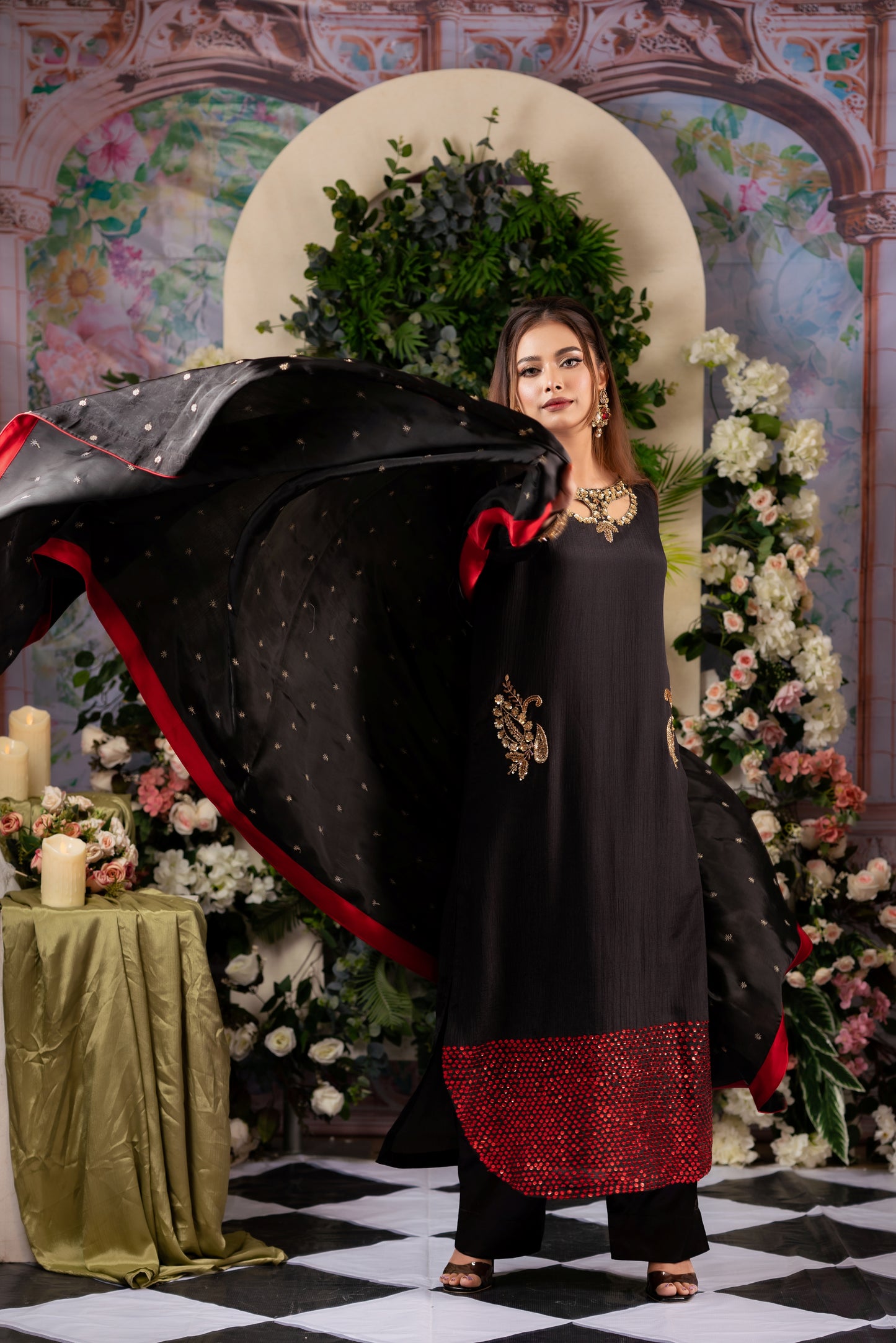 Black & Red Embellished Kameez And Pant Set