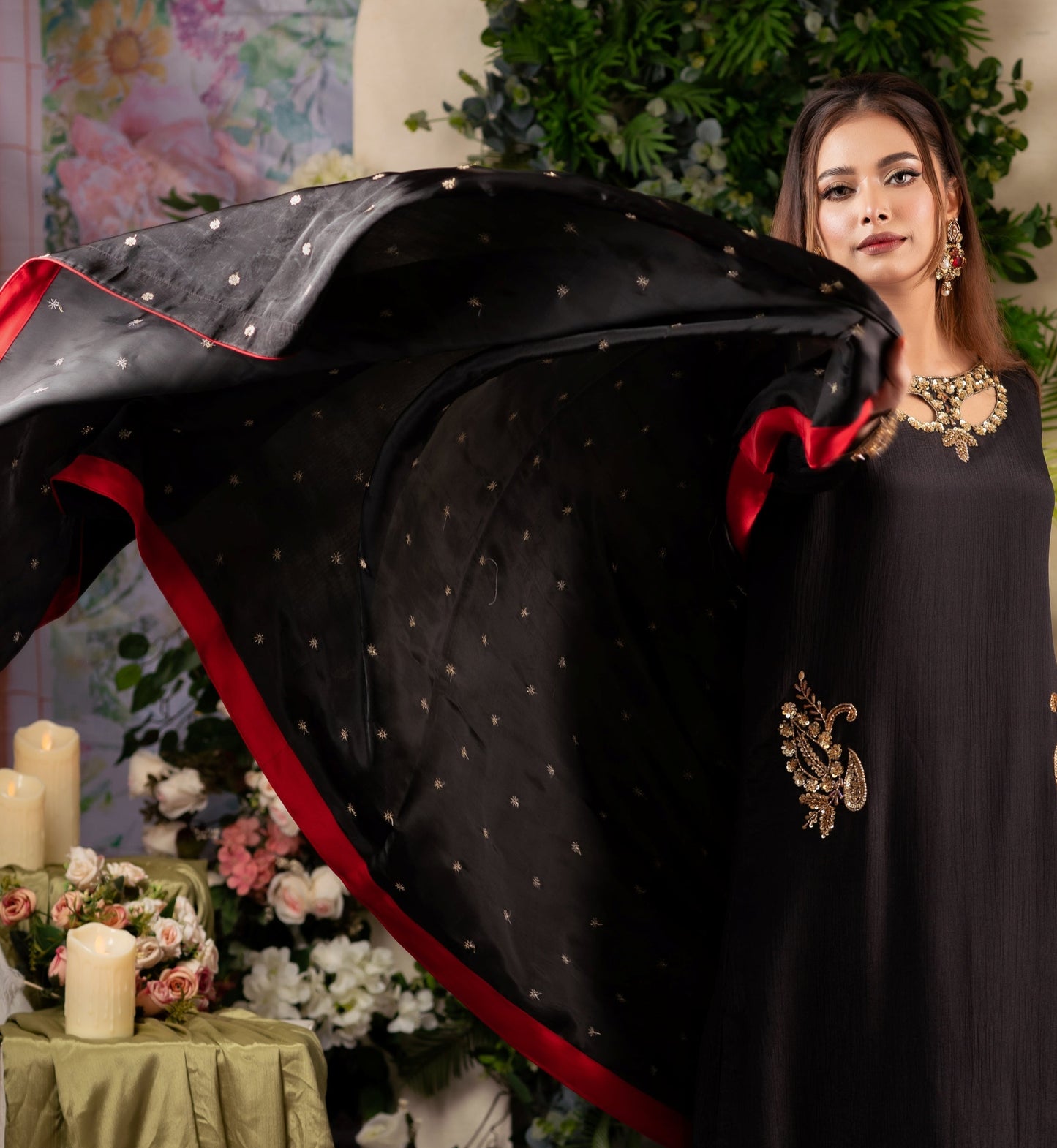 Black Silk Embellished Dupatta