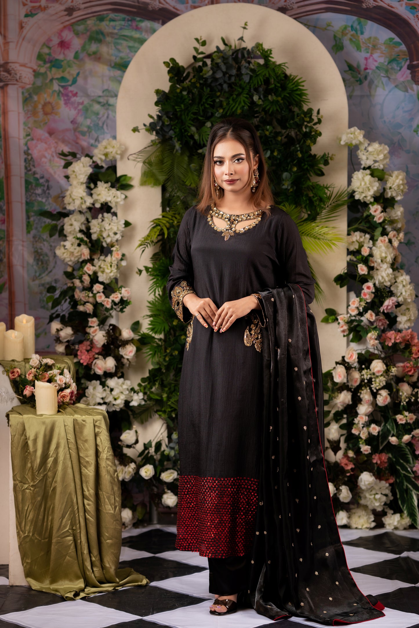 Black & Red Embellished Kameez And Pant Set