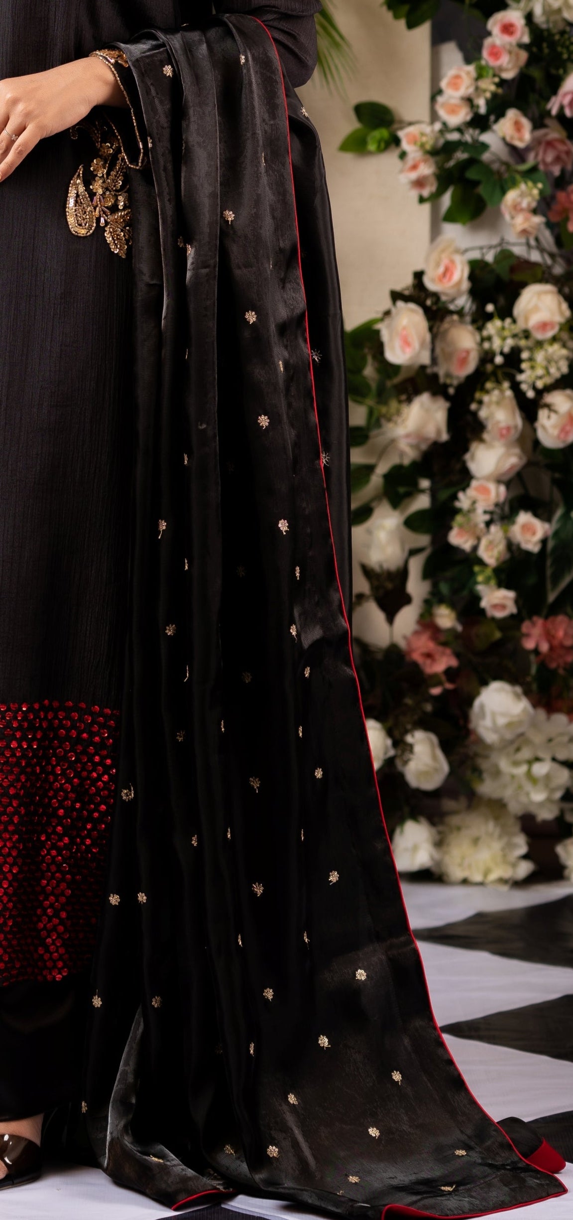 Black Silk Embellished Dupatta