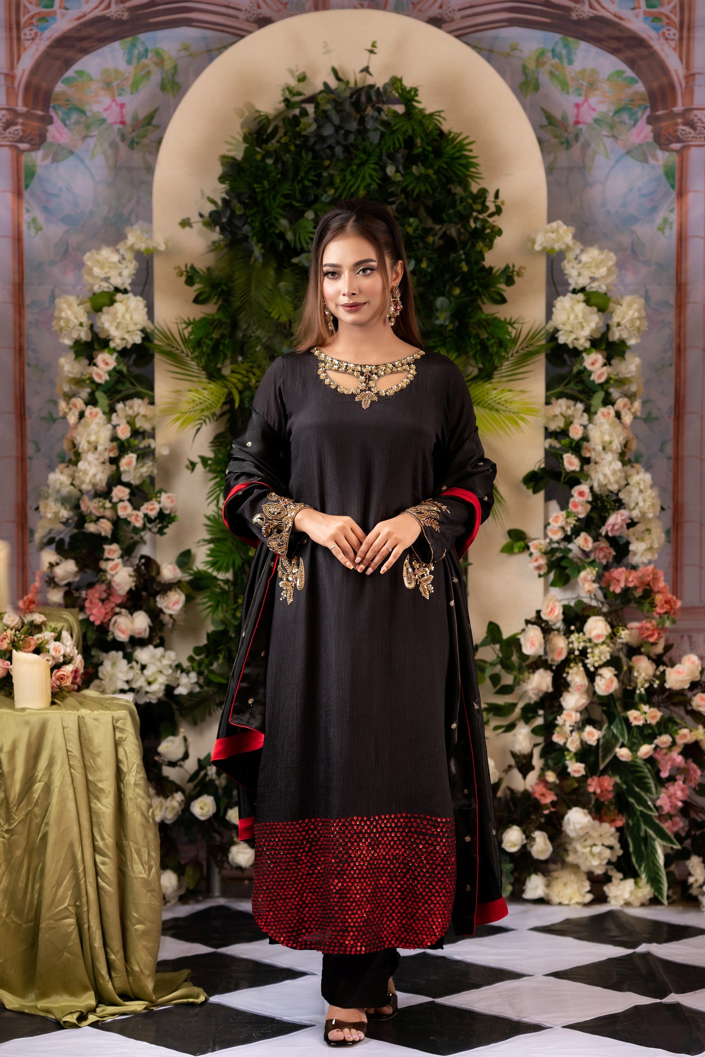 Black & Red Embellished Kameez And Pant Set