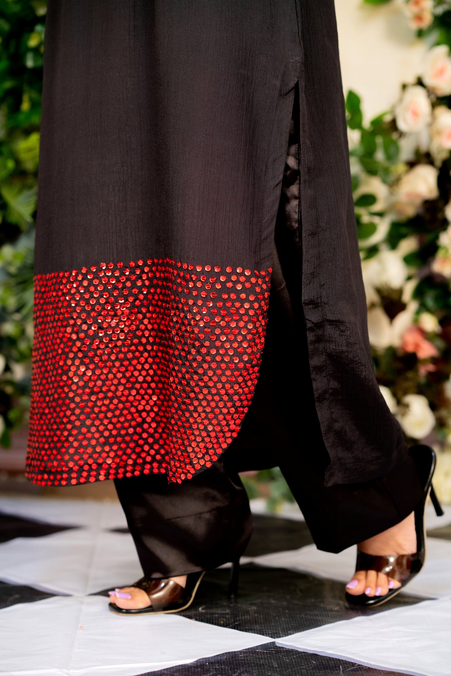 Black & Red Embellished Kameez And Pant Set