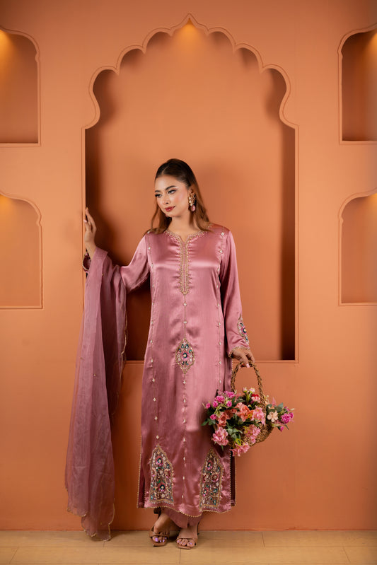 Rose Glow Embellished Silk Kameez And Pant