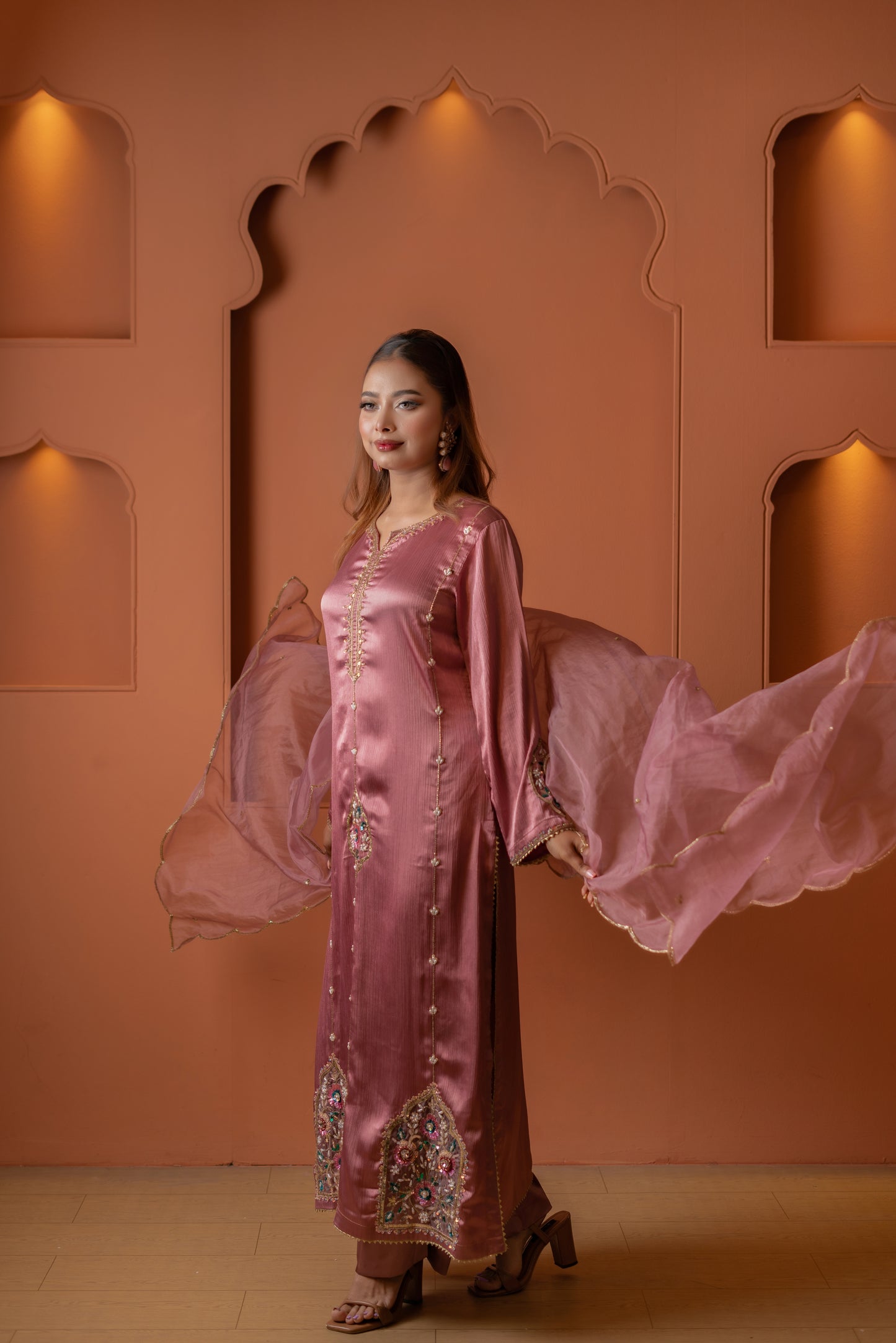 Rose Glow Embellished Silk Kameez And Pant